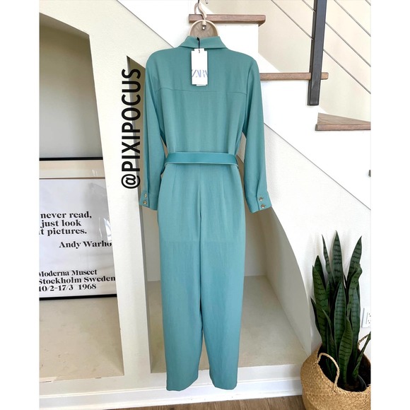 ZARA LONG BELTED JUMPSUIT TURQUOISE BLUE - Picture 11 of 13